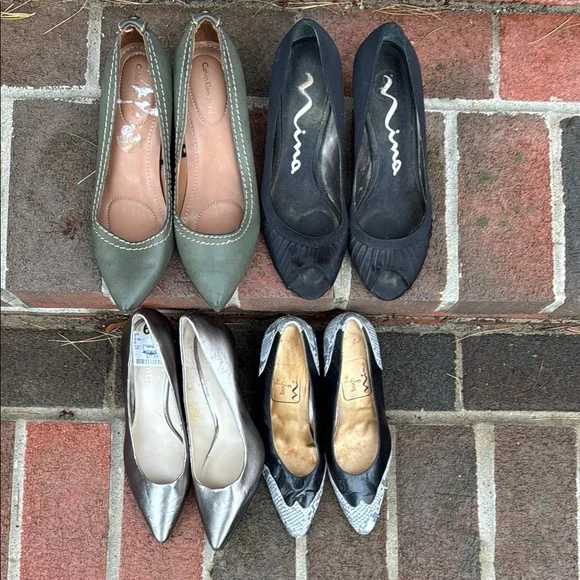 Bundle of Women's Pumps - silver, black peep toe, olive, grey patterned - Picture 2 of 15